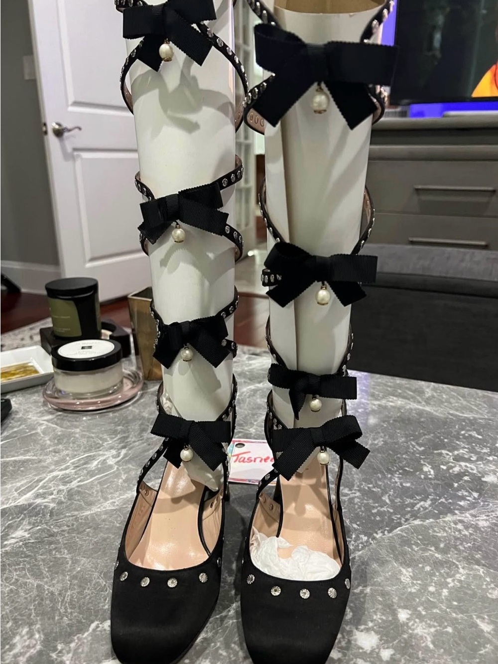 Gucci Black Satin Bow & Pearl Embellished Knee-High Strappy Heels